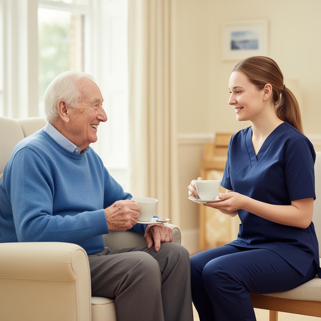 Caregiver chatting with elderly gentleman over tea