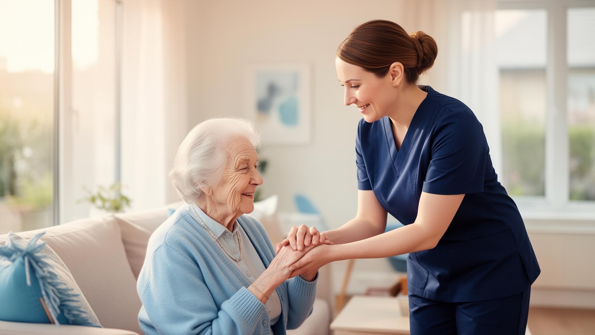 Carer holding the hand of an elderly woman